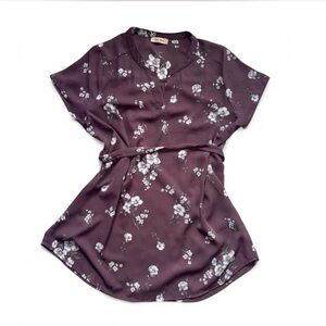Full Moon Maternity Purple Floral Tie-Back Short Sleeve Tunic Blouse Large
